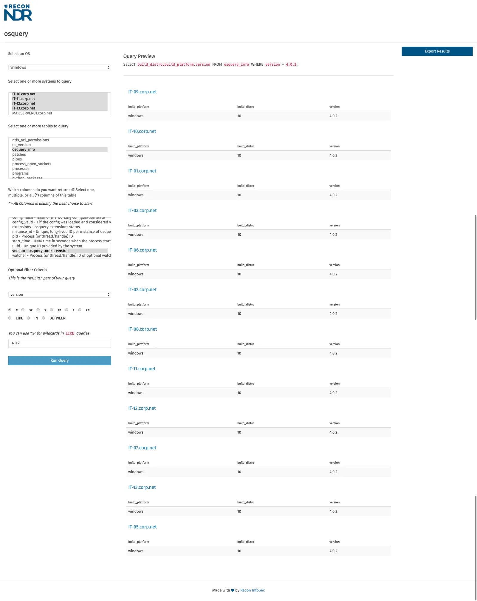 Recon’s custom osquery frontend: a query builder on the left, osquery_info results for each IT host on the right