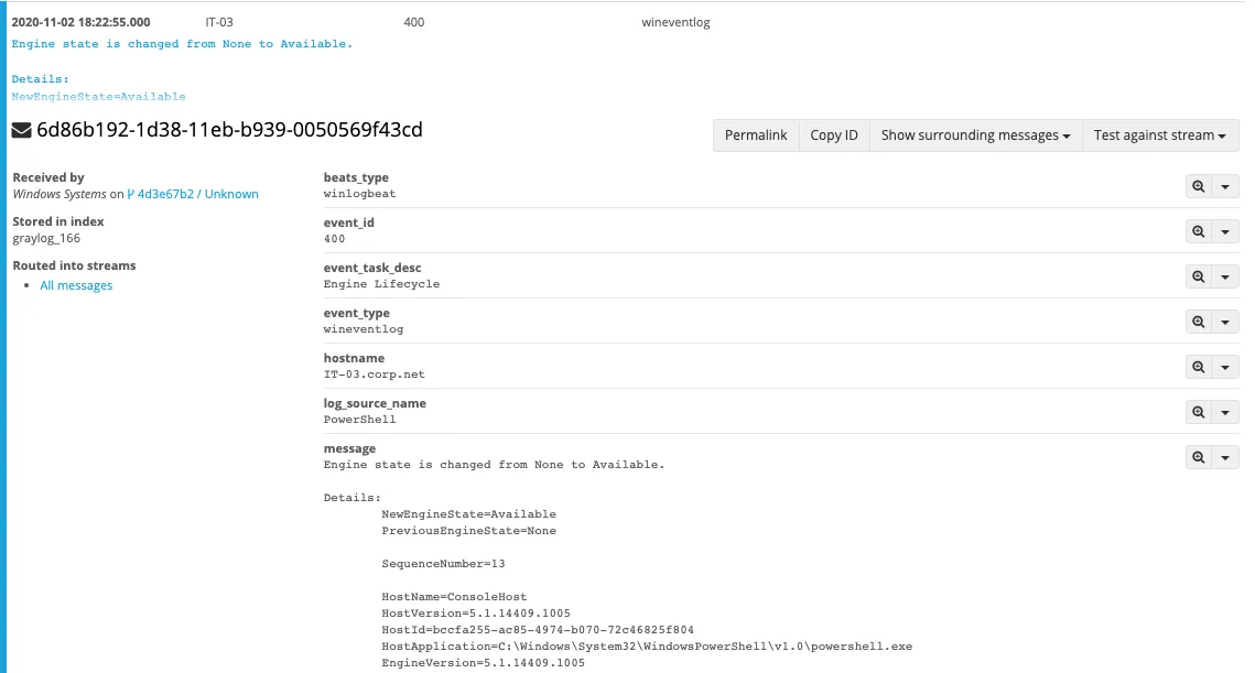 Graylog showing PowerShell event 400, the engine starting, with the HostId used for correlation