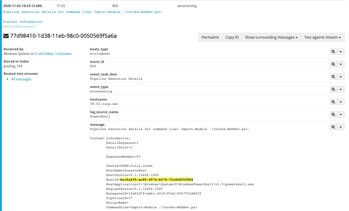 Graylog showing PowerShell event 800 importing Invoke-WebRev.ps1, matched on the highlighted HostId