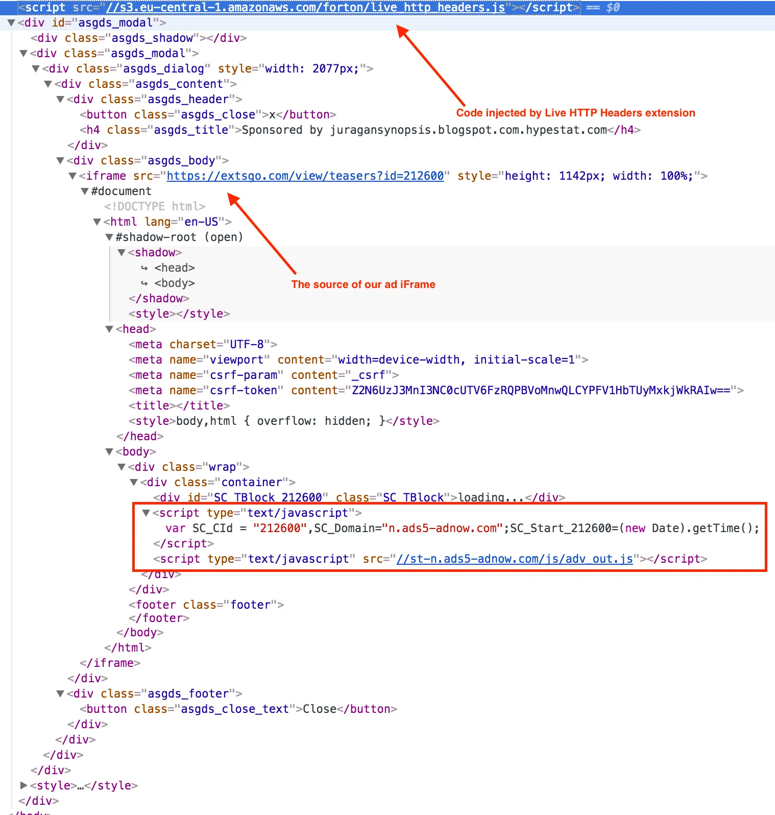 Chrome Elements tab showing a script injected by Live HTTP Headers loading a Sponsored by ad iframe from ads5-adnow.com