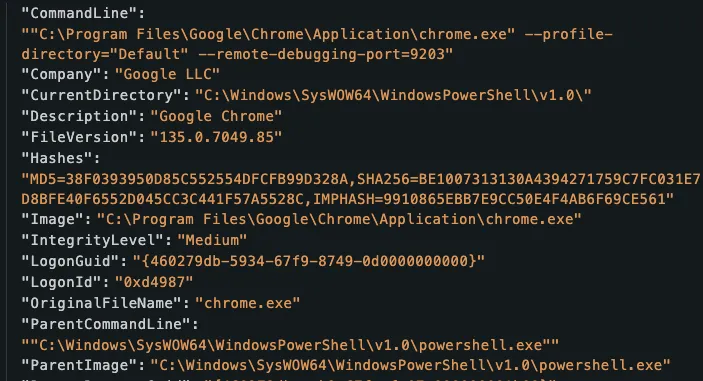 PowerShell running remote debugging on port 9203 for Google Chrome