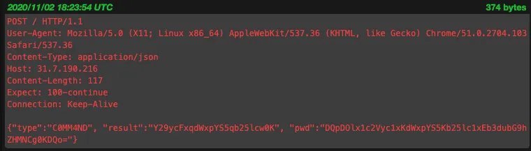 Moloch session showing a later revshell POST whose JSON carries a command type and a Base64-encoded result