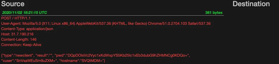Moloch session showing the revshell’s first HTTP POST, with Base64-encoded user and hostname fields in its JSON body