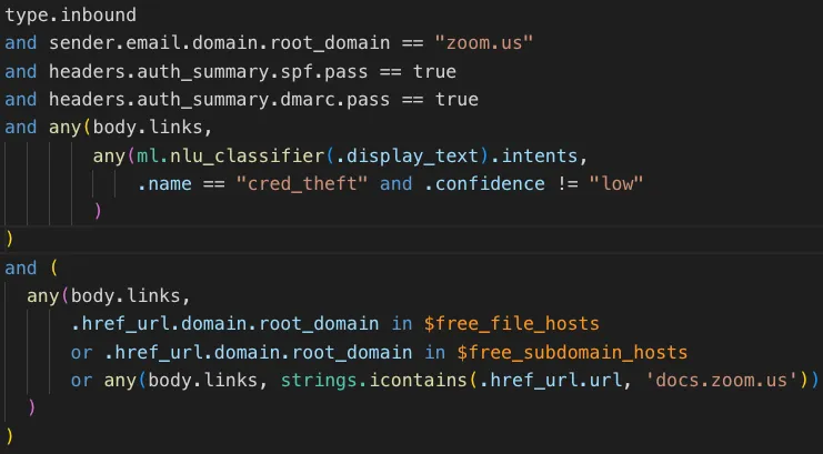 Sublime MQL rule matching zoom.us mail that passes SPF and DMARC but links to credential theft or docs.zoom.us