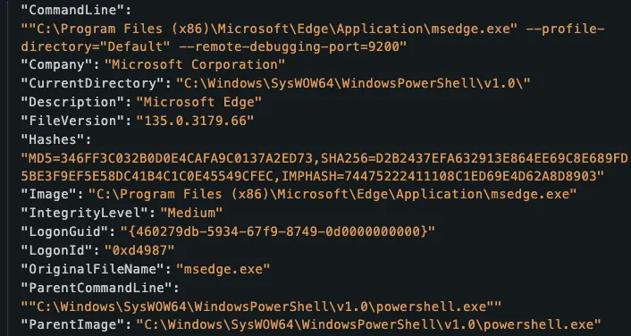 PowerShell running remote debugging on port 9200 for Microsoft Edge