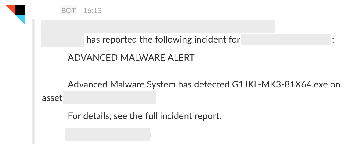 Slack bot message relaying an emailed advanced malware alert, with identifying details redacted