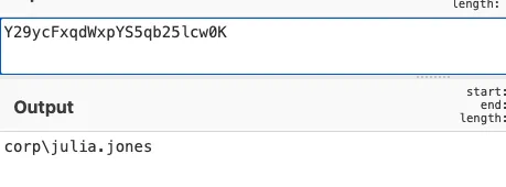 The Base64 result value decoded to the username corp\julia.jones