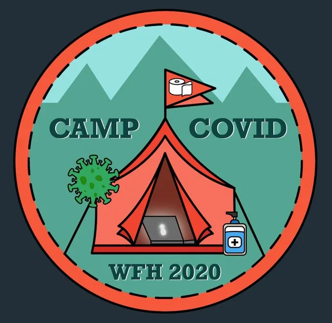 Camp COVID WFH 2020 badge: a tent sheltering a laptop, beside a virus and a bottle of hand sanitizer