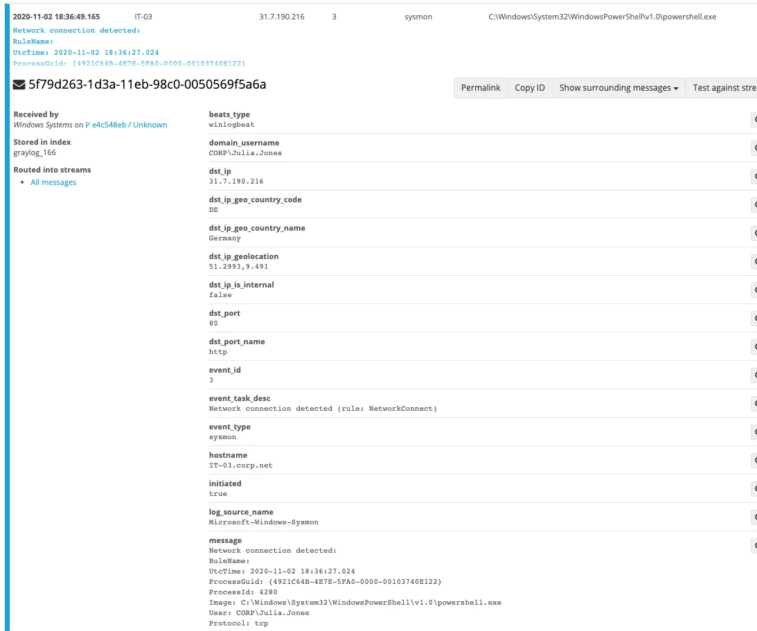 Graylog showing Sysmon event 3, powershell.exe on IT-03 connecting to 31.7.190.216 on port 80