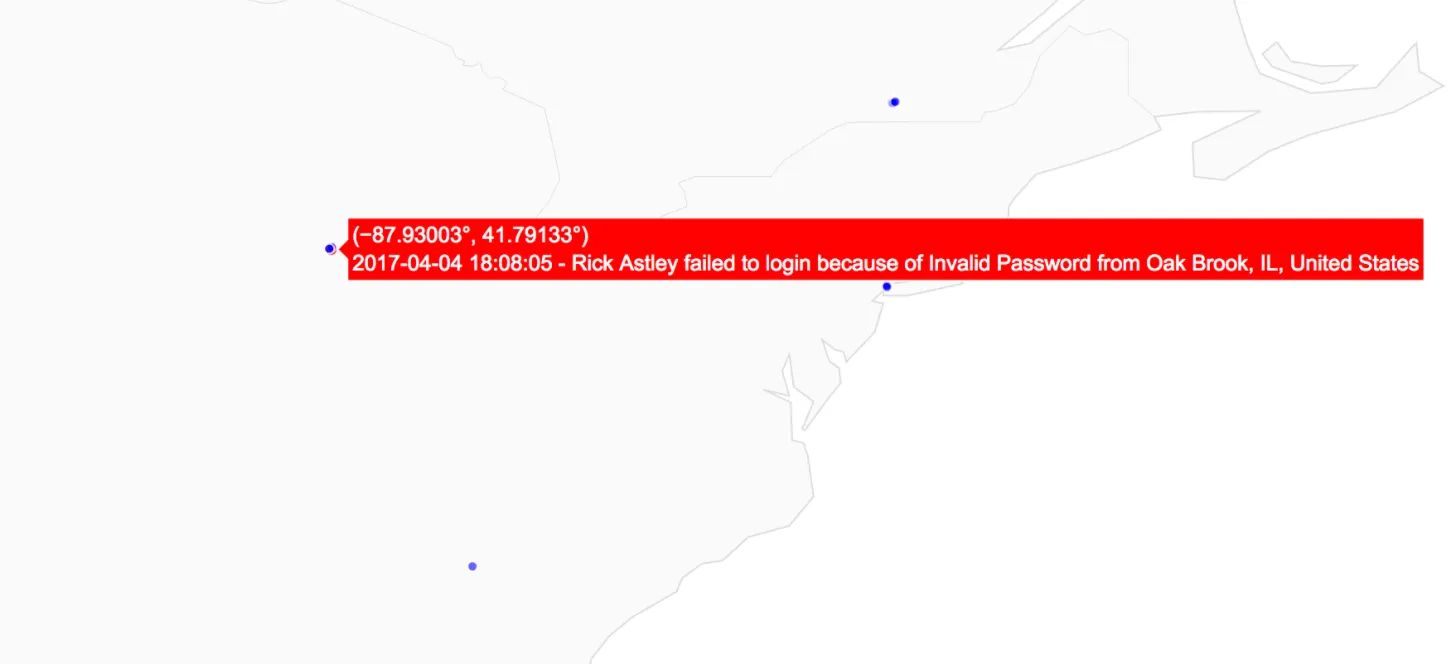 Map tooltip on a red dot showing a failed login for an invalid password from Oak Brook, IL, with coordinates