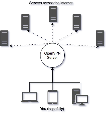 Your devices connect to one OpenVPN server, which alone reaches the servers across the internet