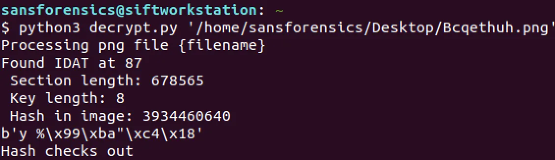 Terminal running decrypt.py on Bcqethuh.png, finding the IDAT section and confirming the hash