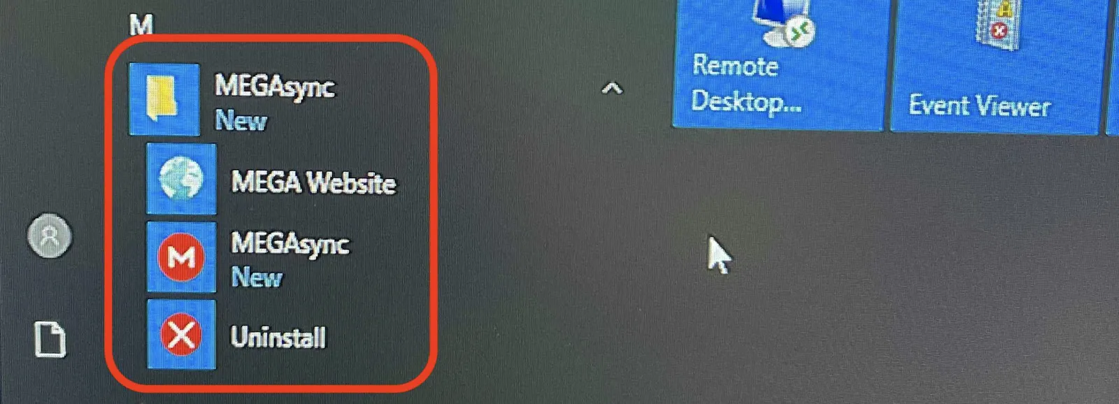 Windows Start menu with MEGAsync, MEGA Website and Uninstall entries circled in red