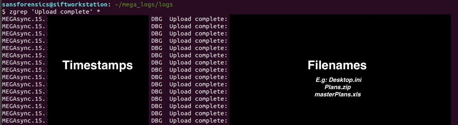 zgrep output of Upload complete log lines, with timestamps and filenames blacked out