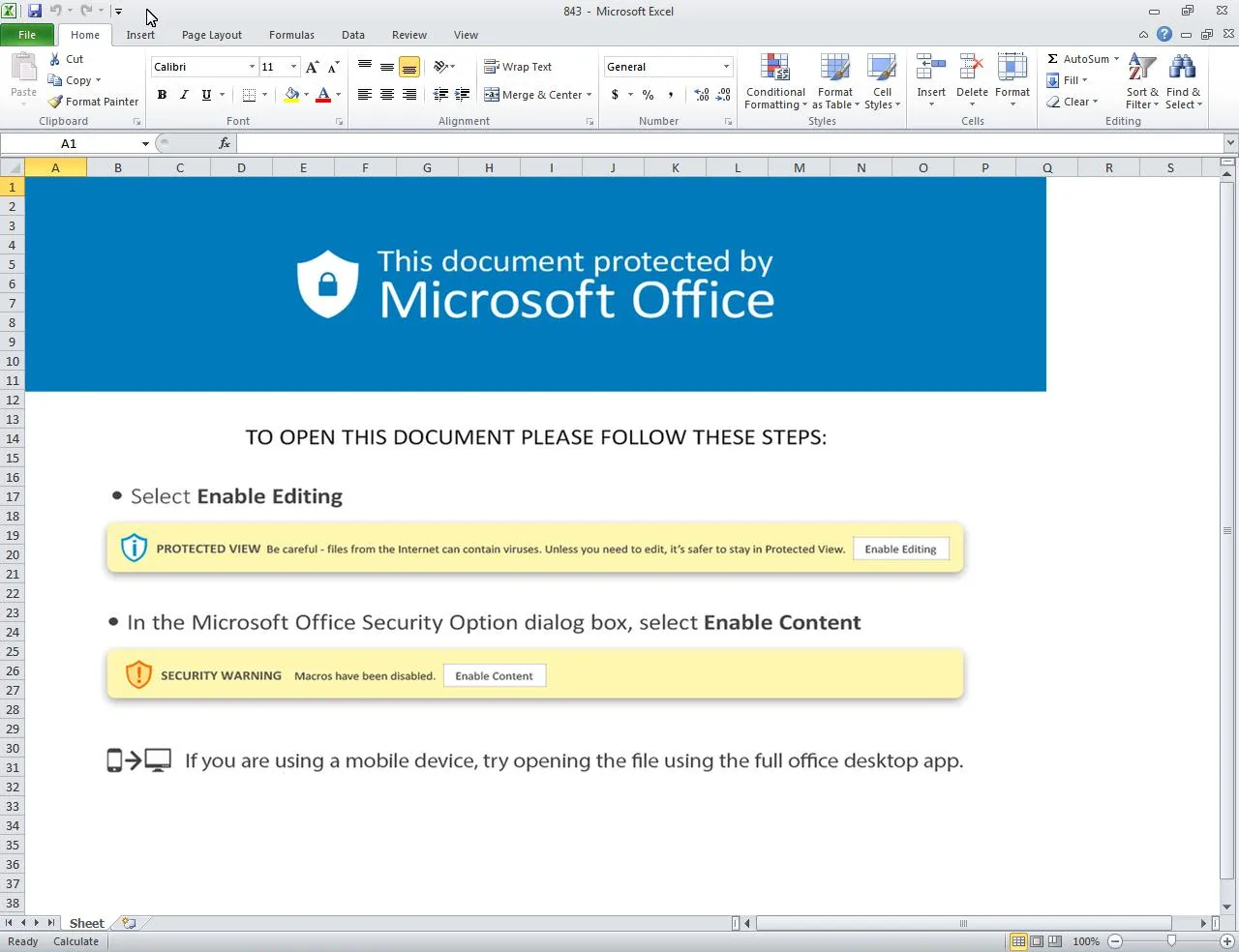 Malicious Excel file posing as Microsoft Office protected content, urging the user to enable editing and content