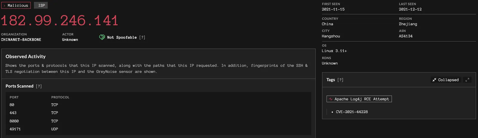 GreyNoise page for a malicious IP tagged Apache Log4j RCE Attempt, listing the ports it scanned