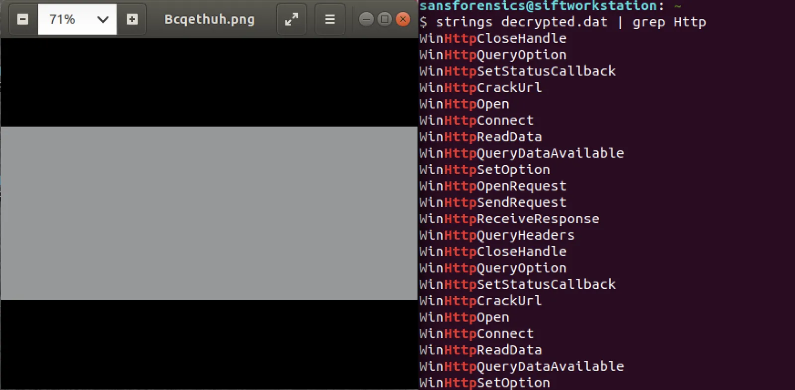 Bcqethuh.png open as a plain grey image beside strings output listing WinHttp API calls in the decrypted data