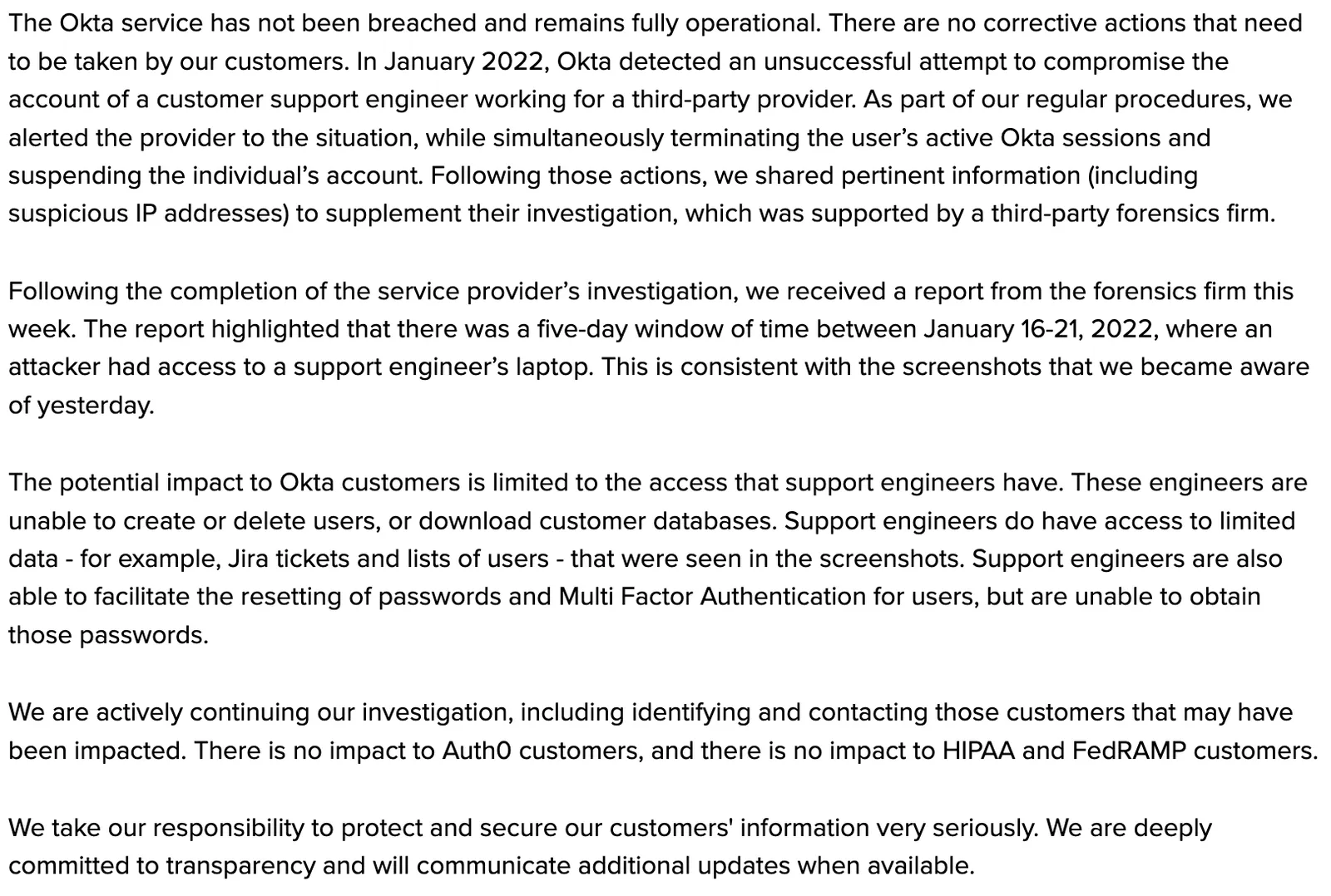 Okta’s follow-up statement describing a five-day window in January 2022 when an attacker accessed a support laptop