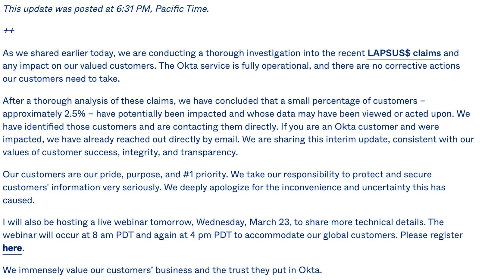 Okta’s updated statement that approximately 2.5% of customers were potentially impacted