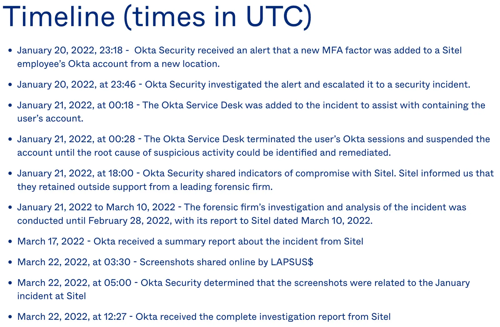 Okta’s UTC timeline of the Sitel incident, from the January 20 MFA alert to the March 22 report