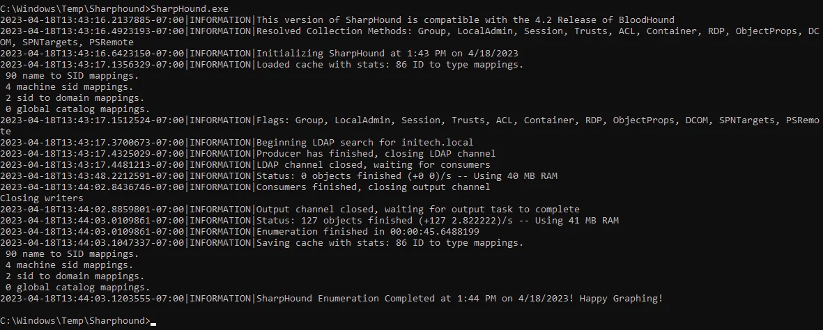 SharpHound.exe console output enumerating the initech.local domain through to completion