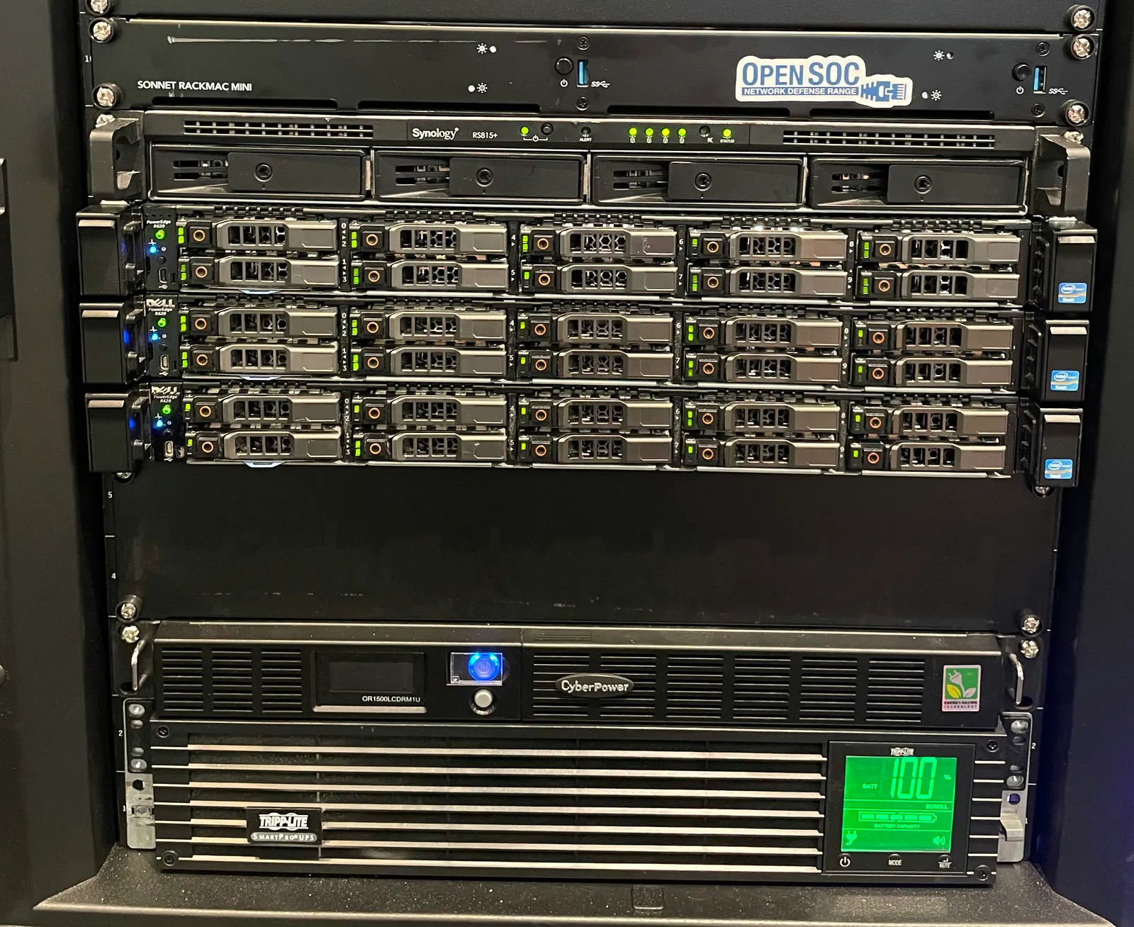 The later OpenSOC range in a rack: a Mac mini shelf, Synology storage, three Dell servers and two UPS units