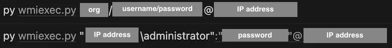 Redacted wmiexec.py command lines using administrator credentials against target IP addresses