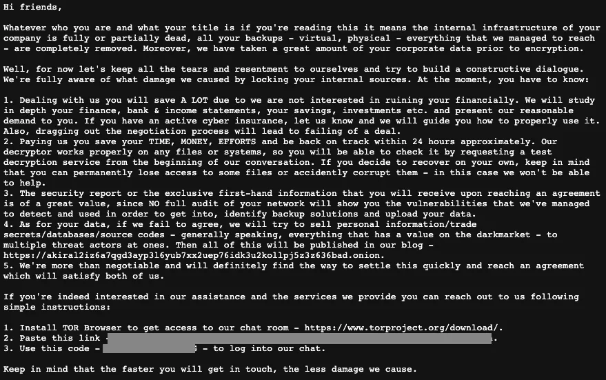 Contents of akira_readme.txt: the ransom note demanding negotiation via a Tor chat room, with the link redacted