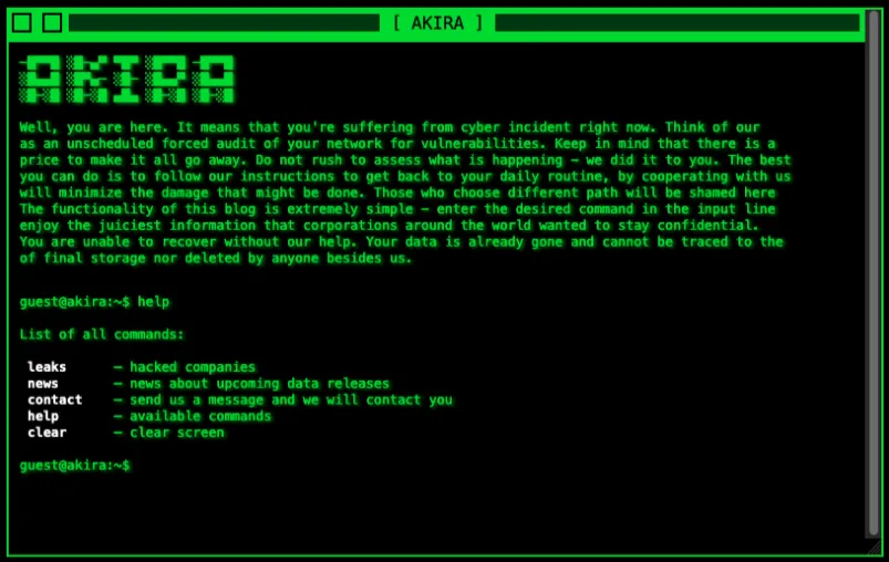 Akira leak site’s retro terminal home page with a threatening welcome note and its help menu of commands