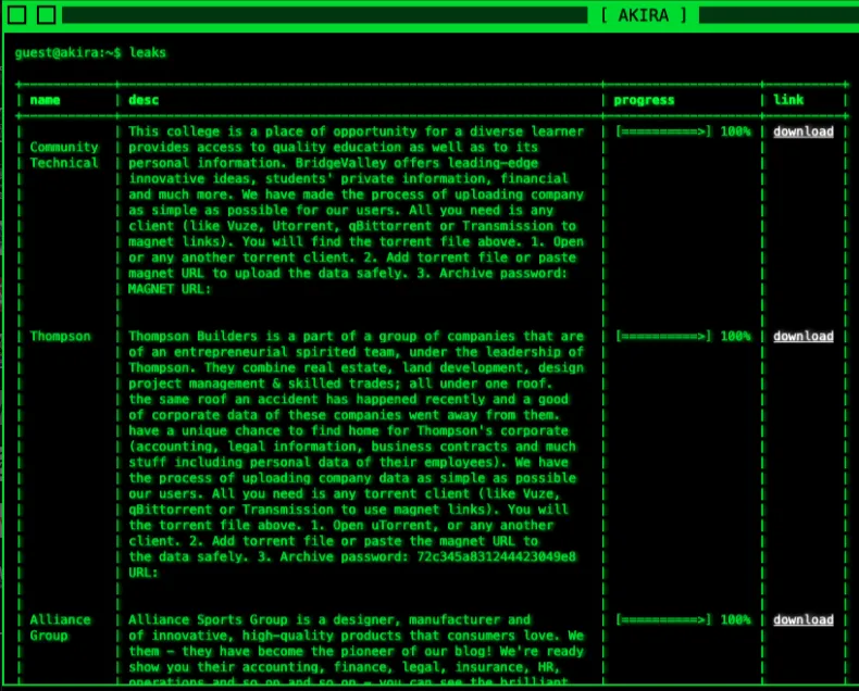 Akira leak site’s leaks command listing victim organizations with descriptions and download links