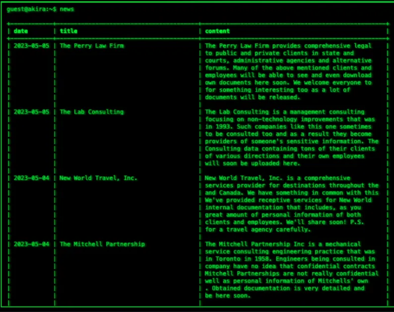 Akira leak site’s news command listing upcoming data releases for named victims dated May 2023