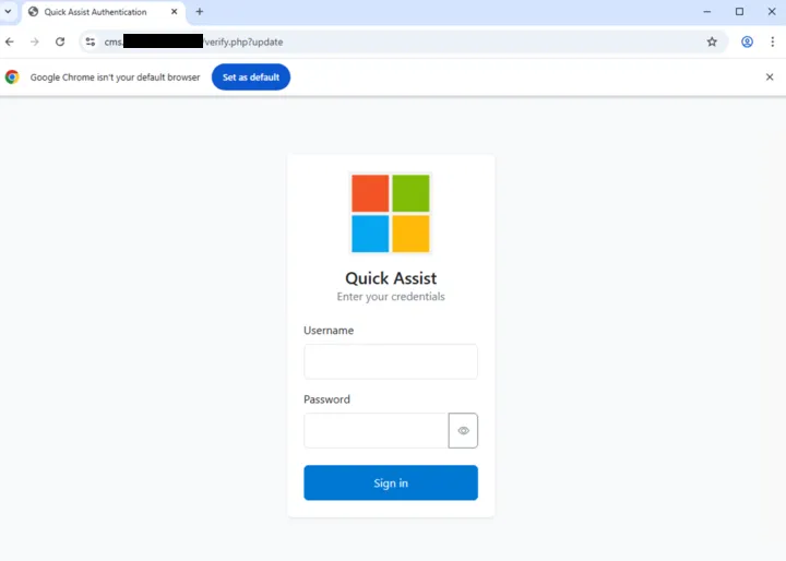Fake Quick Assist sign-in page in Chrome asking for a username and password, its domain redacted
