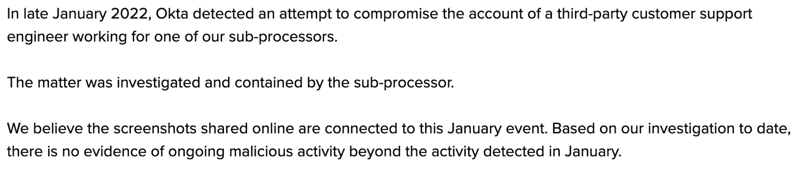 Okta’s first statement: a January 2022 attempt on a support engineer’s account was contained, with no ongoing activity