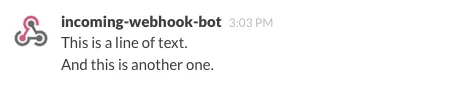 Slack message from an incoming-webhook bot showing two lines of sample text