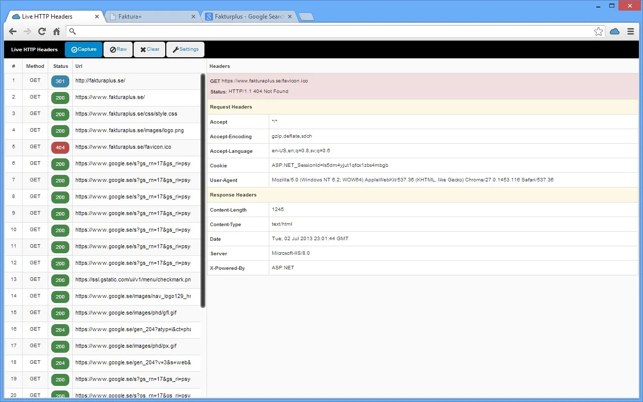Live HTTP Headers extension listing captured requests with their status codes and request and response headers