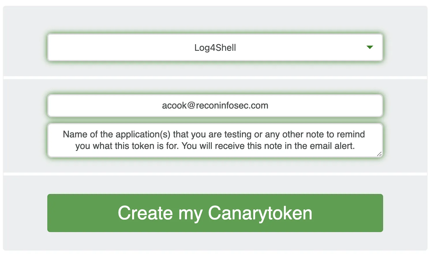 Canarytokens form with Log4Shell selected, an alert email address, a reminder note and the Create my Canarytoken button