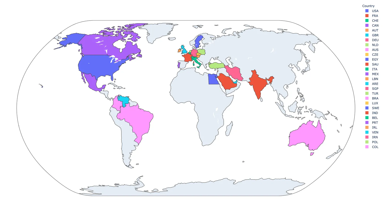 World map of Camp COVID participants by country, spanning the Americas, Europe, the Middle East, India and Australia