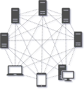 Servers, a laptop, a tablet and a desktop, each linked directly to every other by dotted lines