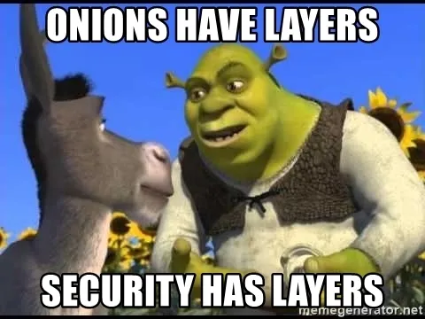 Shrek meme with Donkey: Onions have layers, security has layers