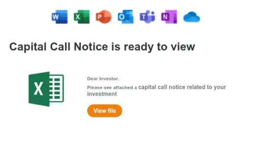 Phishing email with Microsoft Office icons announcing a Capital Call Notice, with a View file button