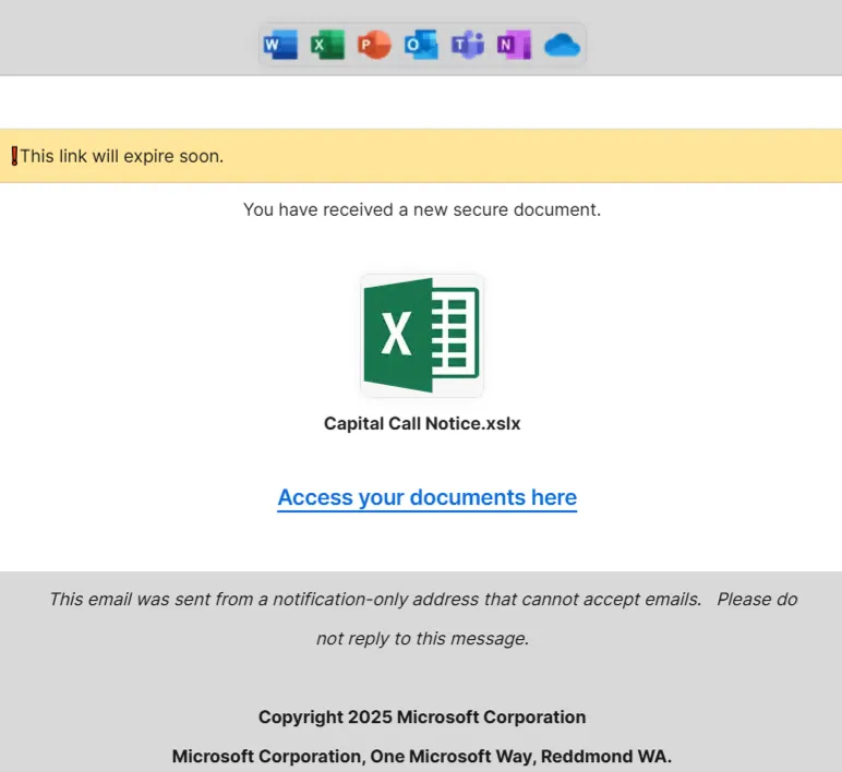 Zoom doc page posing as a Microsoft secure document, Capital Call Notice.xslx, with an Access your documents here link