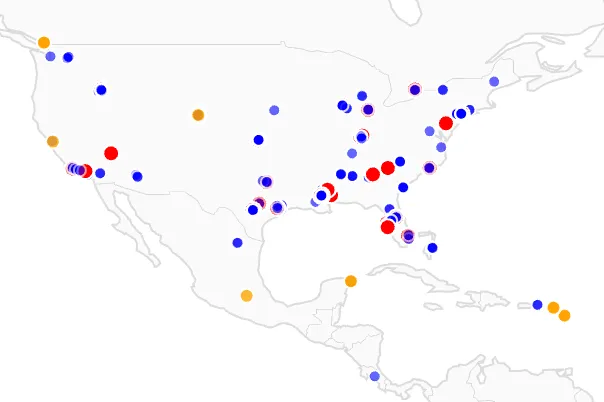 Map of North America with G Suite logins plotted as blue dots, plus larger red failures and orange challenges