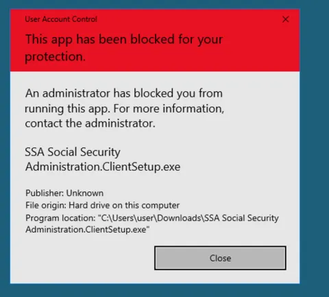 Windows dialog blocking SSA Social Security Administration.ClientSetup.exe from running, publisher unknown
