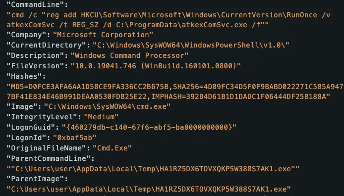 RunOnce registry key added by 26 character ParentImage